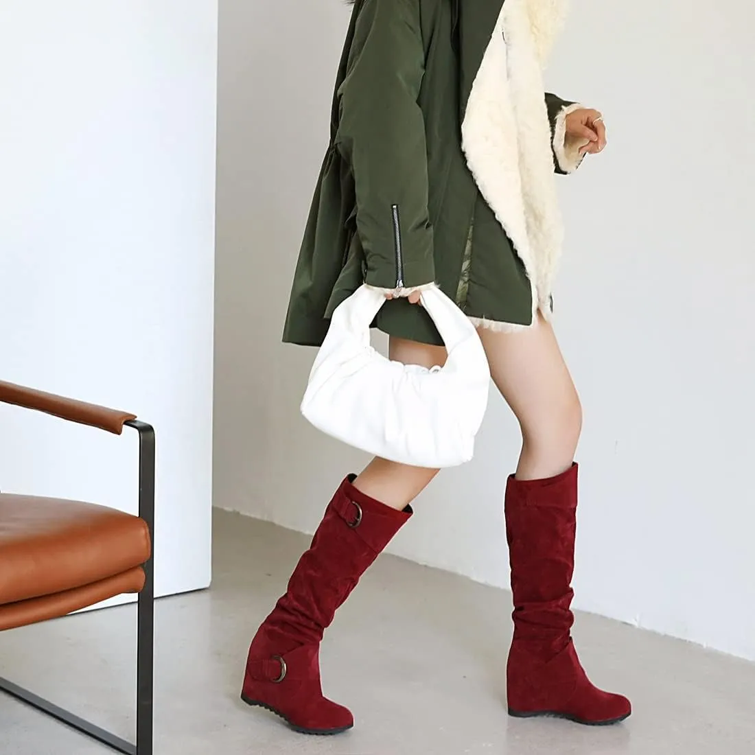 Bcshiye Women's Knee High Low Hidden Wedge Boots Buckle Straps Comfort Wide Calf Flat Slouch Cowboy Cowgirl Long Boots