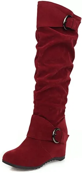 Bcshiye Women's Knee High Low Hidden Wedge Boots Buckle Straps Comfort Wide Calf Flat Slouch Cowboy Cowgirl Long Boots