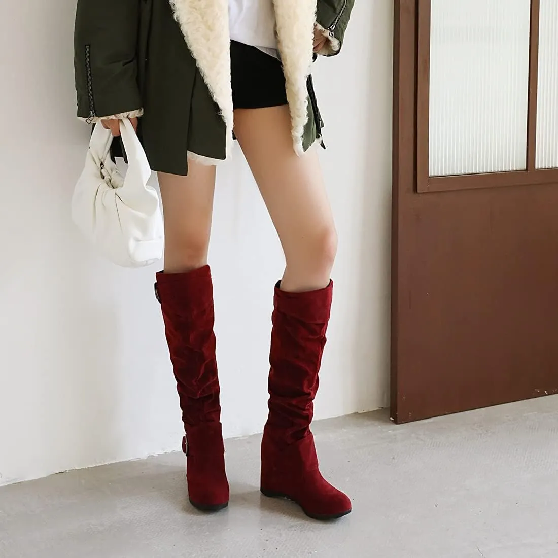 Bcshiye Women's Knee High Low Hidden Wedge Boots Buckle Straps Comfort Wide Calf Flat Slouch Cowboy Cowgirl Long Boots