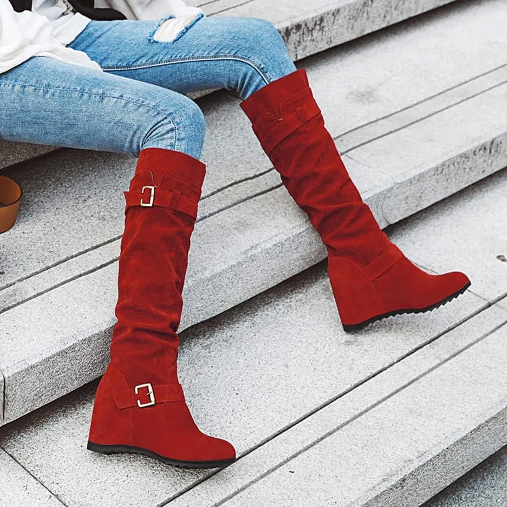 Bcshiye Women's Knee High Low Hidden Wedge Boots Buckle Straps Comfort Wide Calf Flat Slouch Cowboy Cowgirl Long Boots