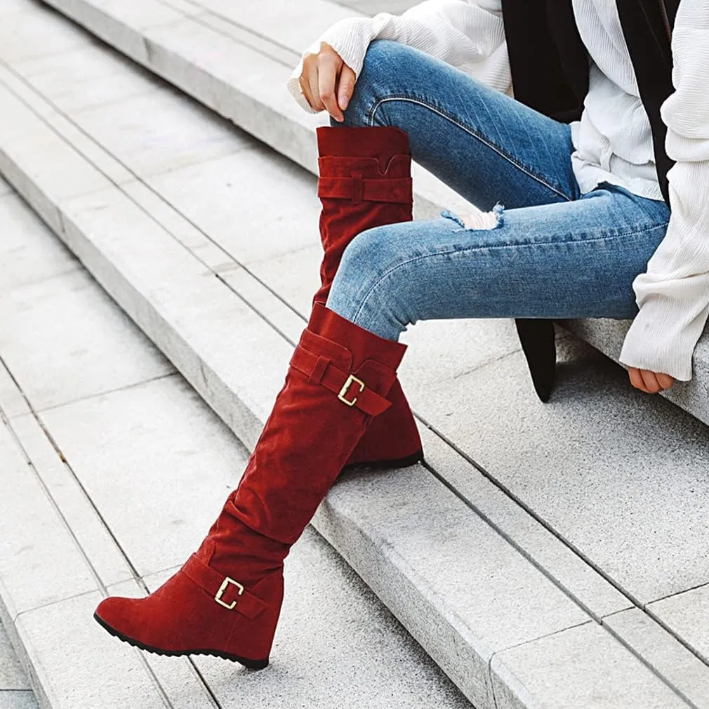 Bcshiye Women's Knee High Low Hidden Wedge Boots Buckle Straps Comfort Wide Calf Flat Slouch Cowboy Cowgirl Long Boots