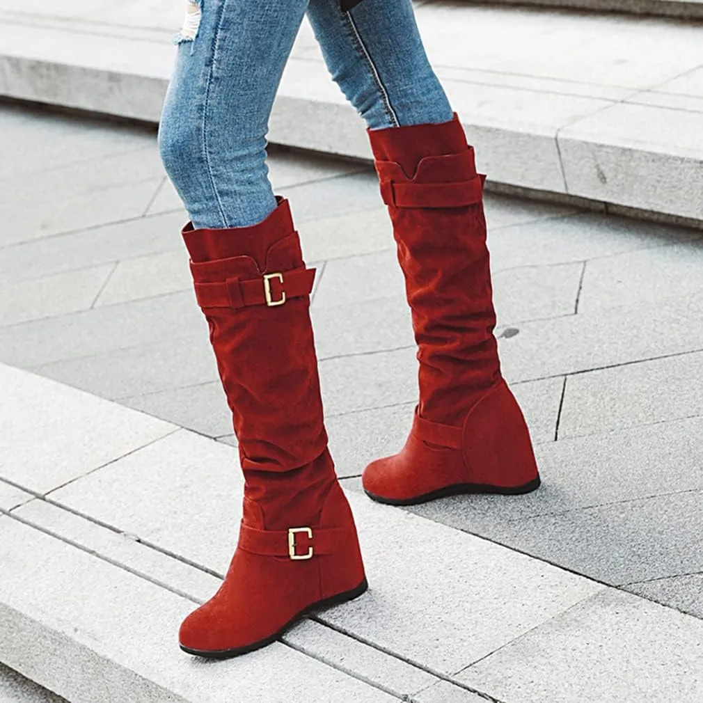 Bcshiye Women's Knee High Low Hidden Wedge Boots Buckle Straps Comfort Wide Calf Flat Slouch Cowboy Cowgirl Long Boots