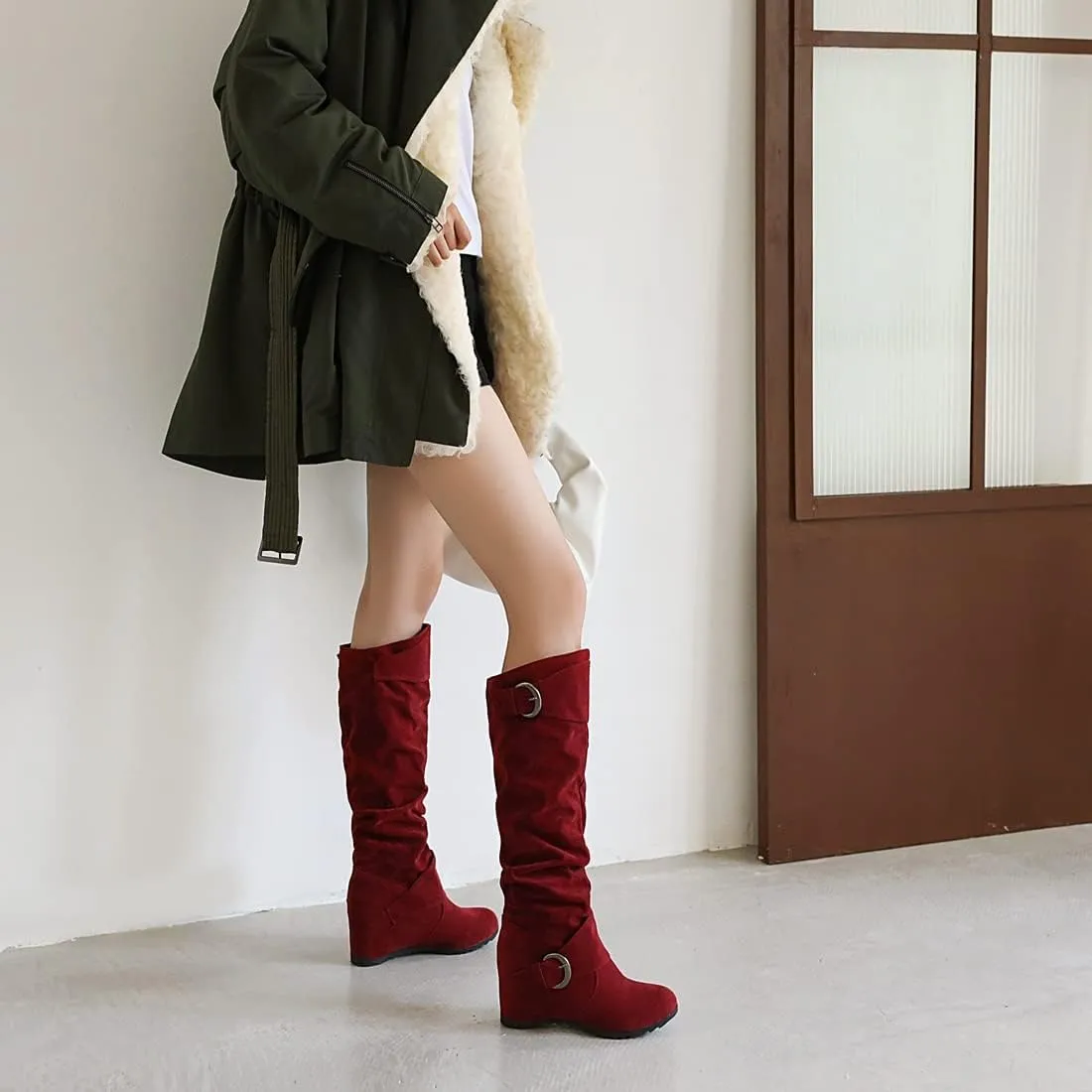 Bcshiye Women's Knee High Low Hidden Wedge Boots Buckle Straps Comfort Wide Calf Flat Slouch Cowboy Cowgirl Long Boots