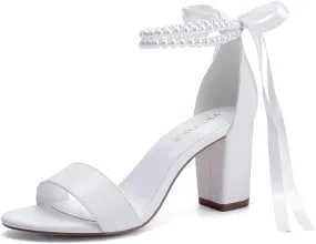 Block Heel Wedding Shoes for Bride Women Chunky Heeled Sandals Pearl Bridal Shoes