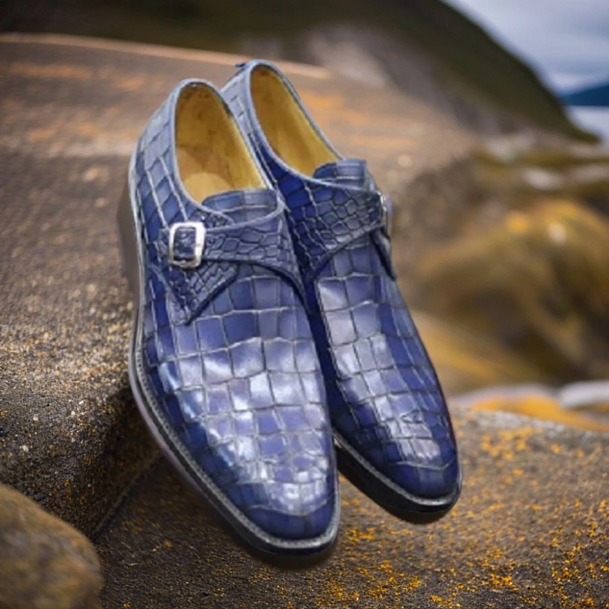 Handmade Genuine Alligator Embossed Leather Monk Strap Shoes Gift for Men