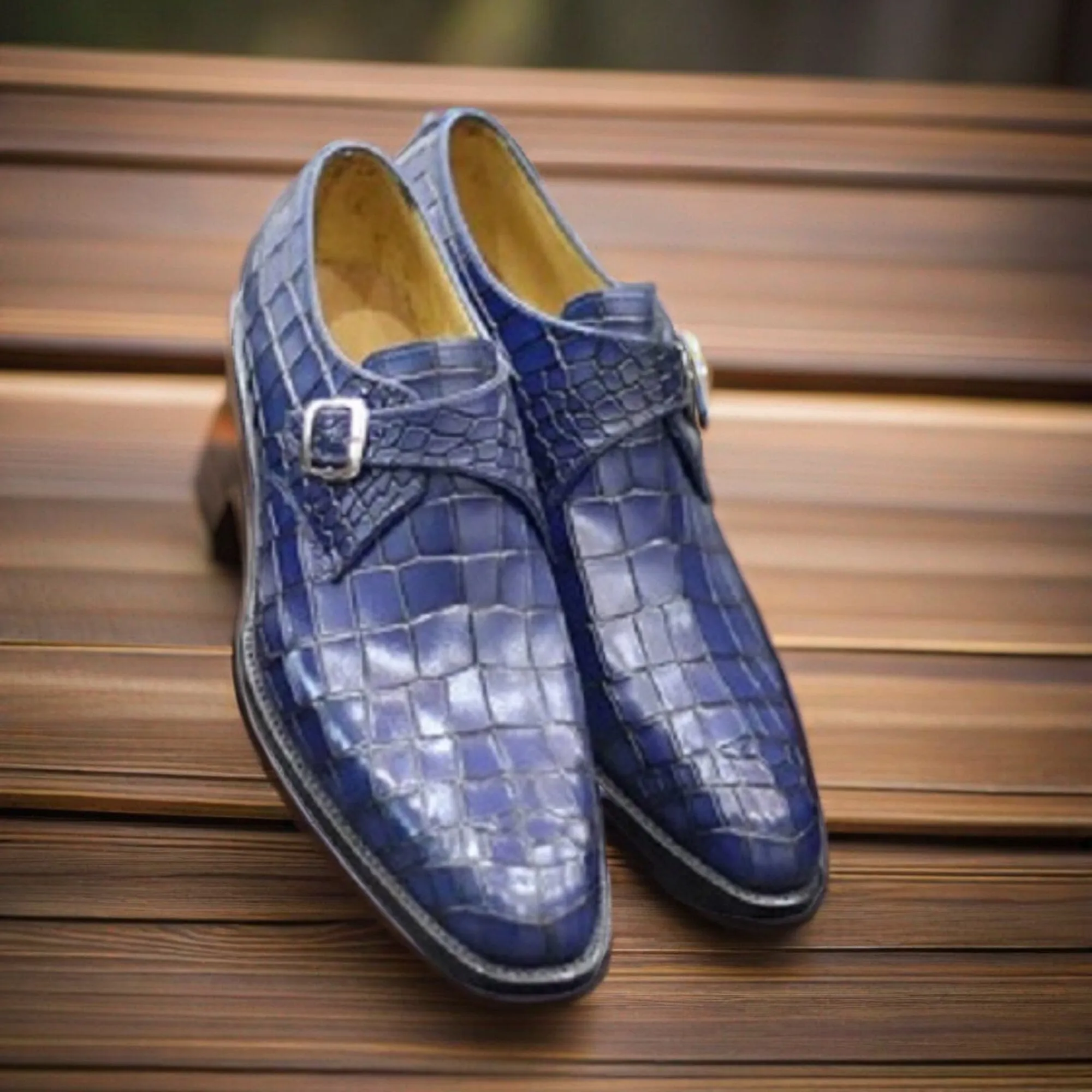Handmade Genuine Alligator Embossed Leather Monk Strap Shoes Gift for Men
