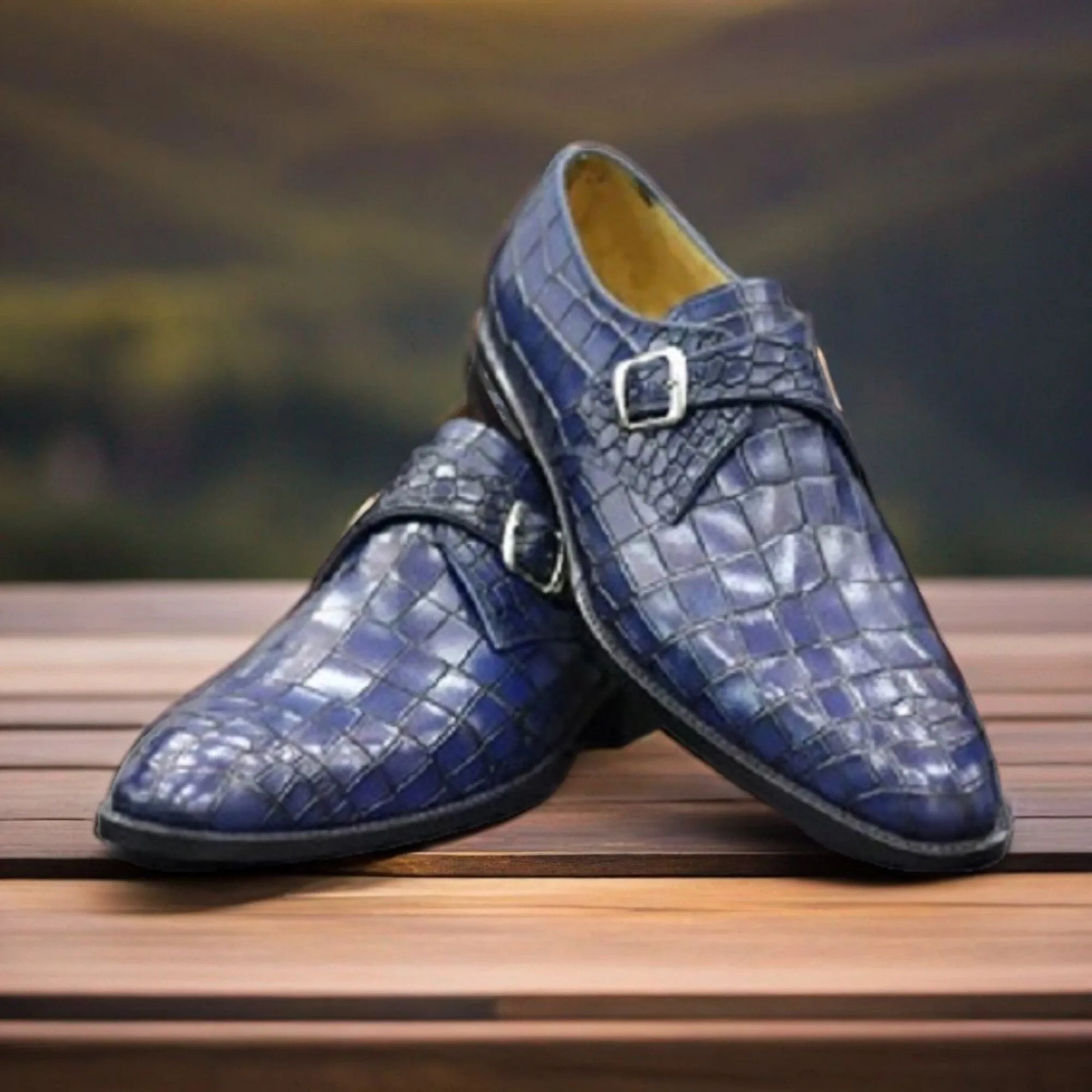 Handmade Genuine Alligator Embossed Leather Monk Strap Shoes Gift for Men