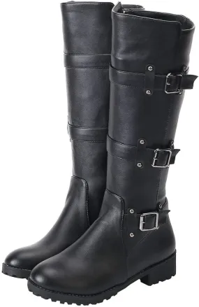 MAVMAX Women's Zip up Knee High Black Moto Boots Round Toe Motorcycle Boots Chunky Low Heel Biker Booties Buckle Long Riding Plus Size Wide Calf Boots Size 13