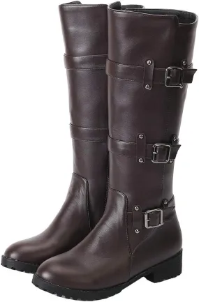 MAVMAX Women's Zipper Knee High Moto Boots Round Toe Motorcycle Boots Chunky Low Heel Biker Booties Buckle Long Riding Boot