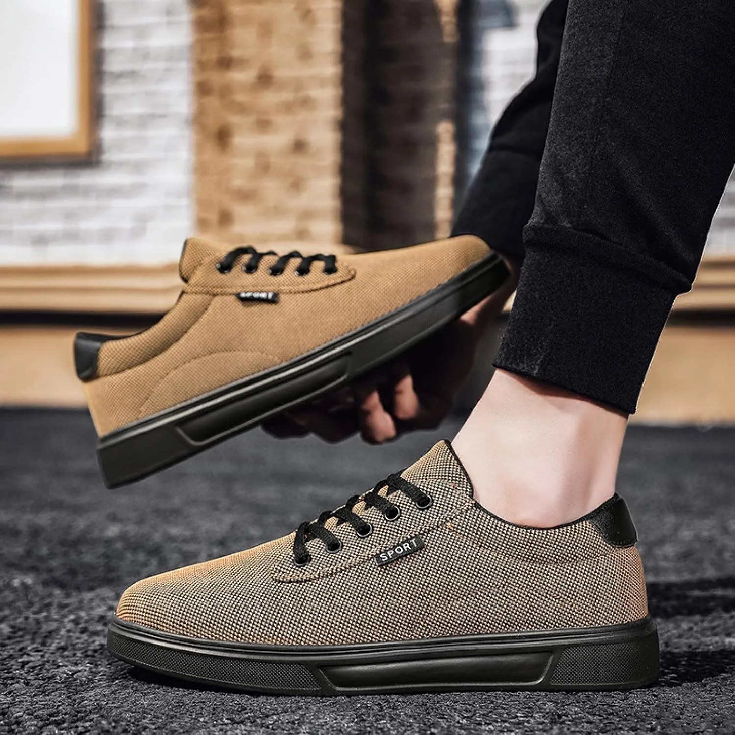 Mens Canvas Casual Flat Shoes Comfort Round Toe Soft Bottom Knitting Lace-Up Sneakers Outdoor Breathable Non-Slip Walking Shoes