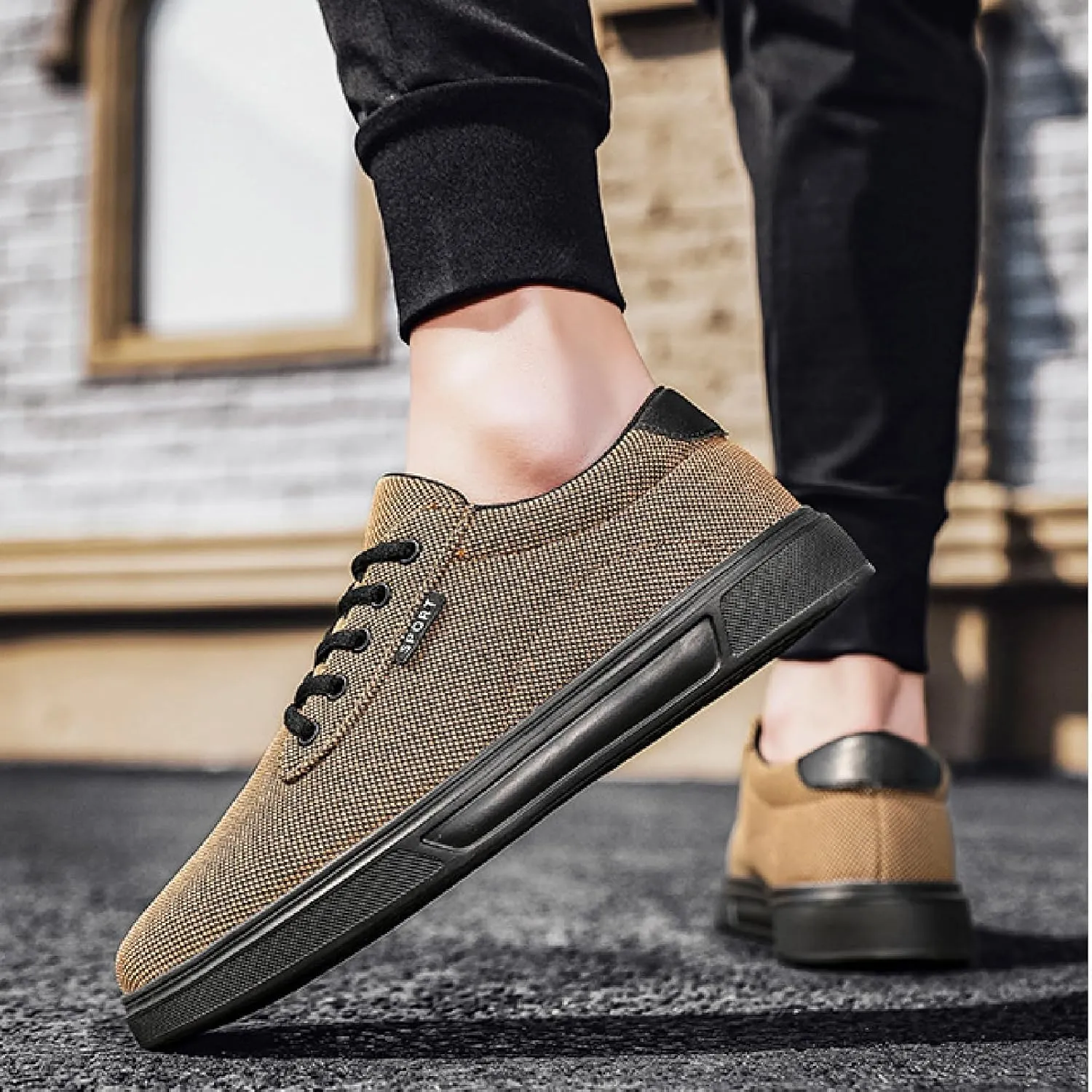 Mens Canvas Casual Flat Shoes Comfort Round Toe Soft Bottom Knitting Lace-Up Sneakers Outdoor Breathable Non-Slip Walking Shoes