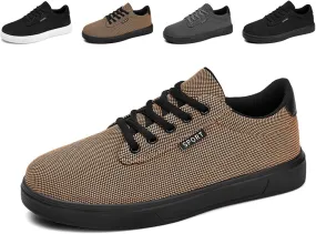 Mens Canvas Casual Flat Shoes Comfort Round Toe Soft Bottom Knitting Lace-Up Sneakers Outdoor Breathable Non-Slip Walking Shoes