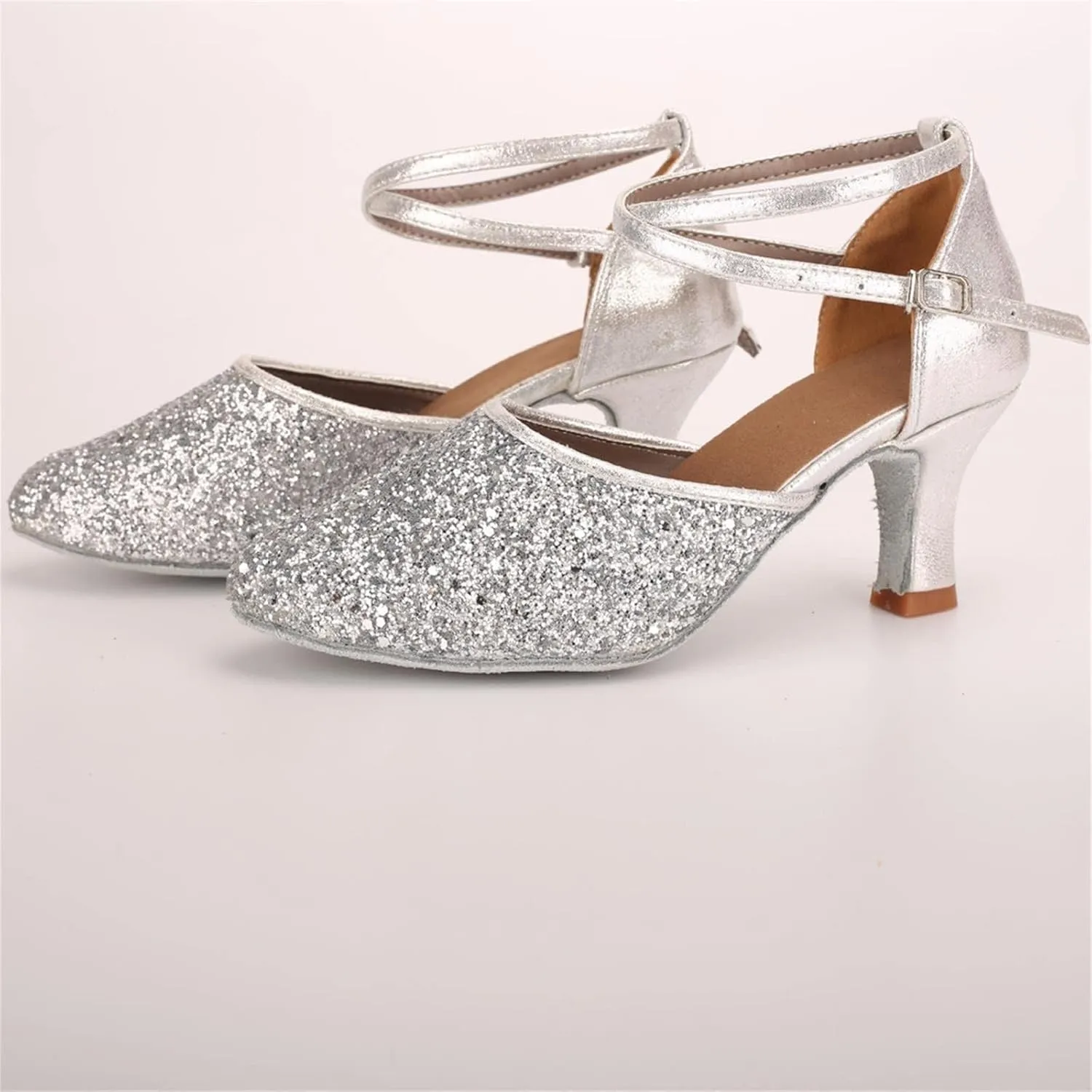 Mid Heels Sandals for Womens Latin Dance Shoes Heeled Ballroom Tango Shoes Party Sequin Dance Shoes Buckle Mid Heels