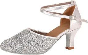 Mid Heels Sandals for Womens Latin Dance Shoes Heeled Ballroom Tango Shoes Party Sequin Dance Shoes Buckle Mid Heels