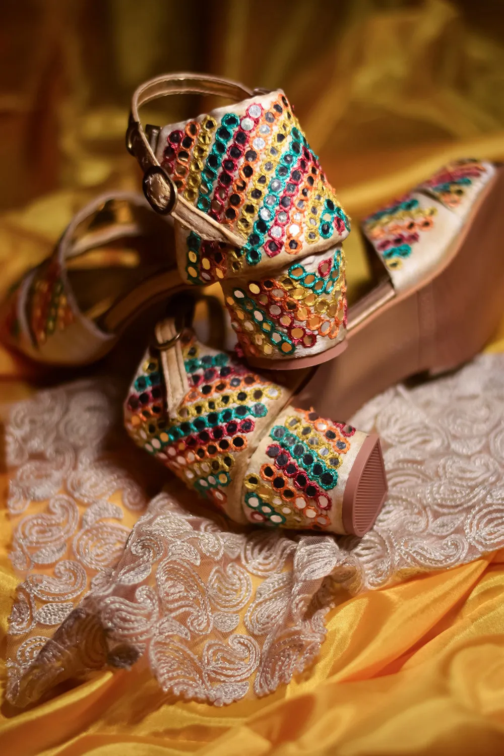 Multi-Colored Embroidered Block Heels
