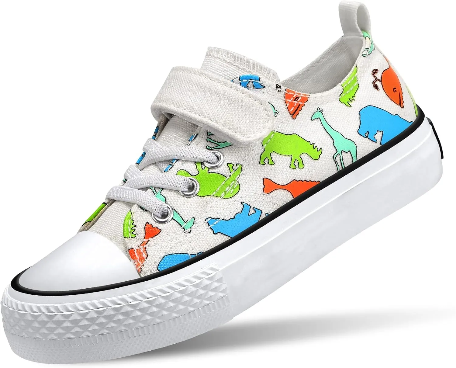 Toddler Boys Girls Slip On Canvas Sneakers Cartoon Dinasour Printed Little Kid Unisex Adjustable Strap Walking Shoes Lazy Shoes with Hook and Loops