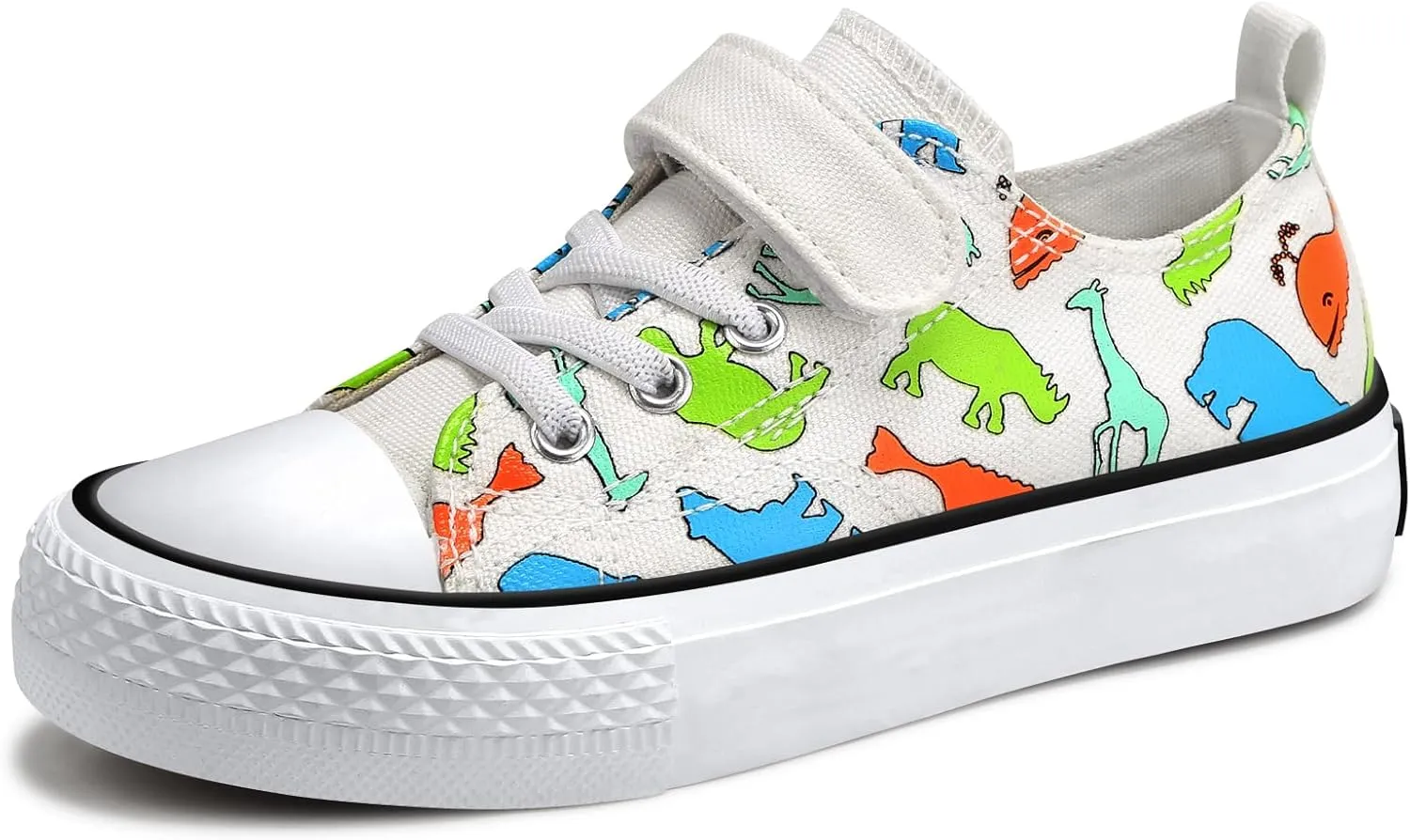 Toddler Boys Girls Slip On Canvas Sneakers Cartoon Dinasour Printed Little Kid Unisex Adjustable Strap Walking Shoes Lazy Shoes with Hook and Loops