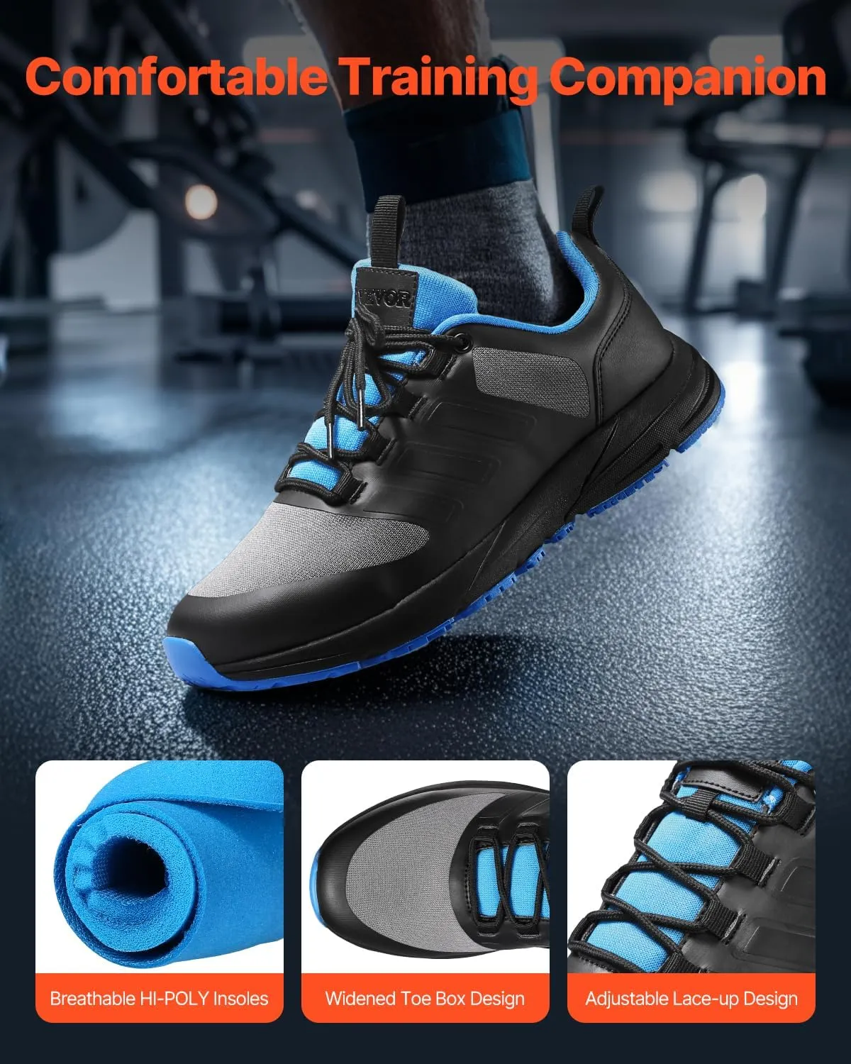 VEVOR Men's Cross W Width Sneakers US Size 9, Wide Toe Box Arch Support & Adjustable Lace-up, Training Shoes for Running, Gymnastics, Dog Walking, and Weightlifting (Black)