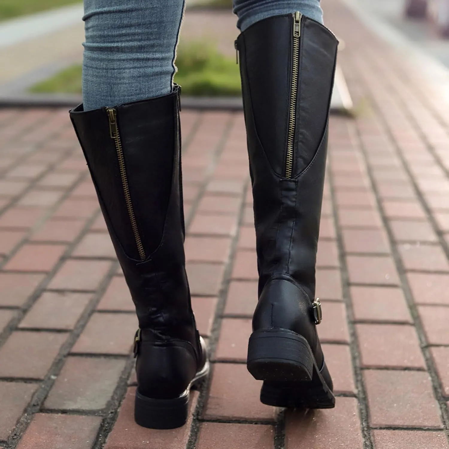 Women's Knee High Boots Riding Boots for Women Wide Calf Tall Boots Low Stacked Heel Boots Wide Width Winter Boots Metal Buckle Long Boots Faux Leather Fashion Knight Boot with Side Zipper