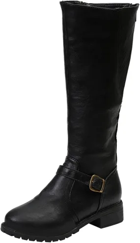 Women's Knee High Boots Riding Boots for Women Wide Calf Tall Boots Low Stacked Heel Boots Wide Width Winter Boots Metal Buckle Long Boots Faux Leather Fashion Knight Boot with Side Zipper