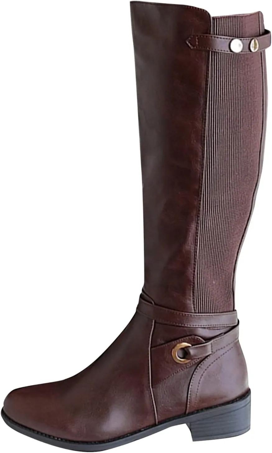 Women's Knee High Boots Riding Boots for Women Wide Calf Tall Boots Low Stacked Heel Boots Wide Width Winter Boots Metal Buckle Long Boots Faux Leather Fashion Knight Boot with Side Zipper