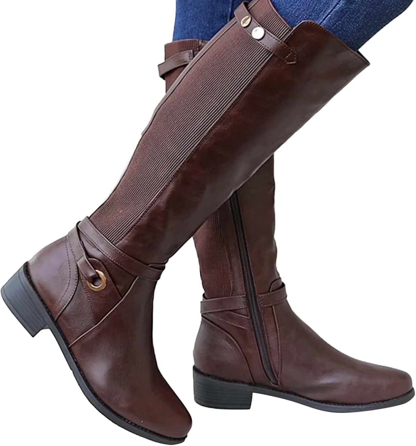 Women's Knee High Boots Riding Boots for Women Wide Calf Tall Boots Low Stacked Heel Boots Wide Width Winter Boots Metal Buckle Long Boots Faux Leather Fashion Knight Boot with Side Zipper
