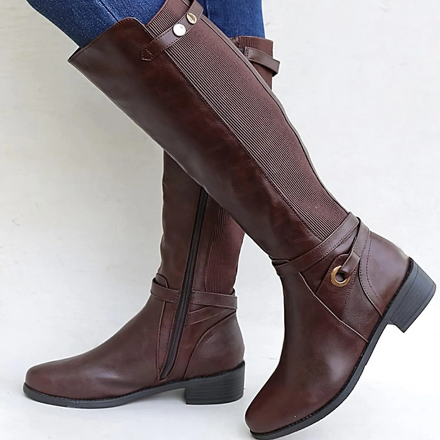 Women's Knee High Boots Riding Boots for Women Wide Calf Tall Boots Low Stacked Heel Boots Wide Width Winter Boots Metal Buckle Long Boots Faux Leather Fashion Knight Boot with Side Zipper