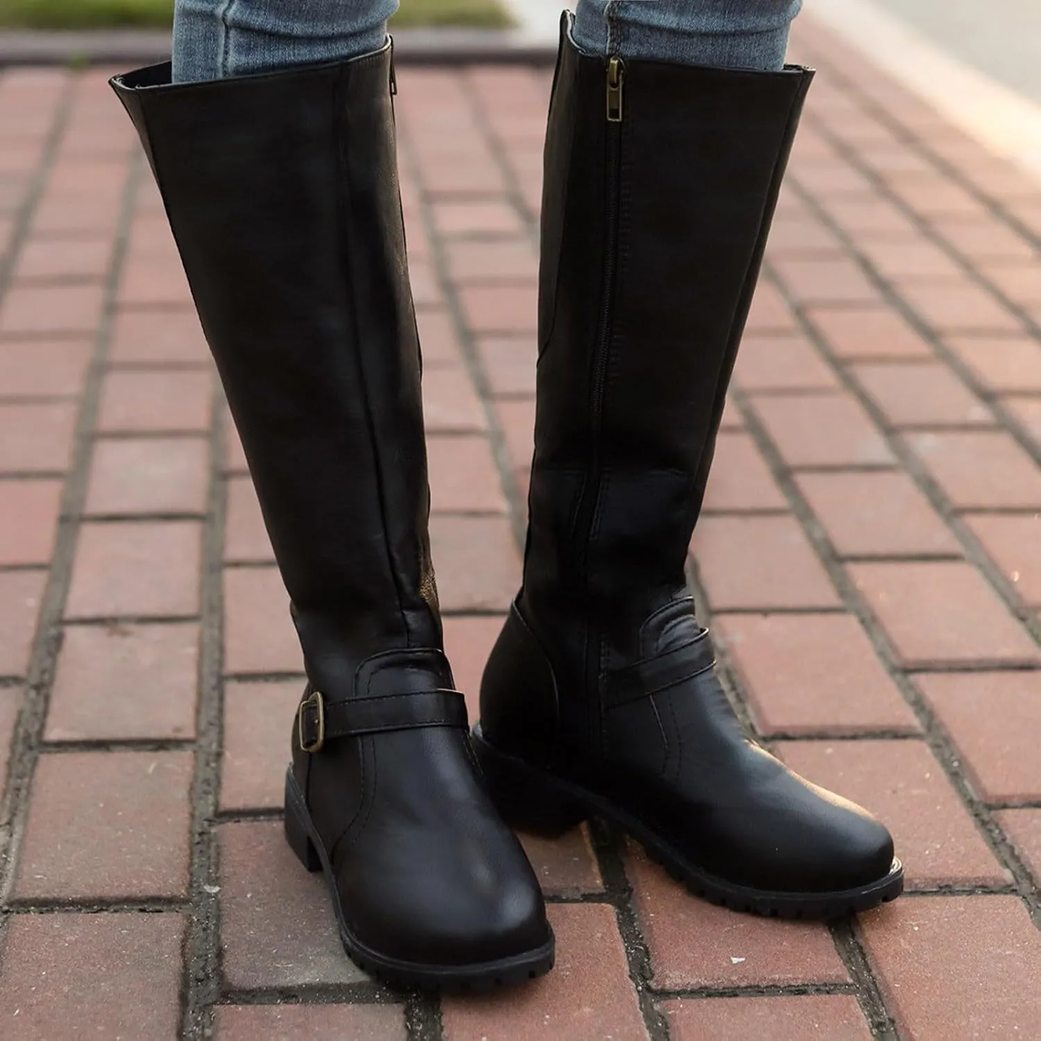 Women's Knee High Boots Riding Boots for Women Wide Calf Tall Boots Low Stacked Heel Boots Wide Width Winter Boots Metal Buckle Long Boots Faux Leather Fashion Knight Boot with Side Zipper