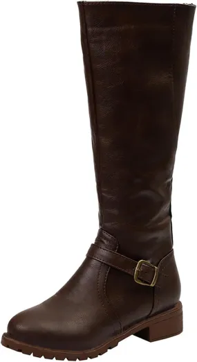 Women's Knee High Boots Riding Boots for Women Wide Calf Tall Boots Low Stacked Heel Boots Wide Width Winter Boots Metal Buckle Long Boots Faux Leather Fashion Knight Boot with Side Zipper