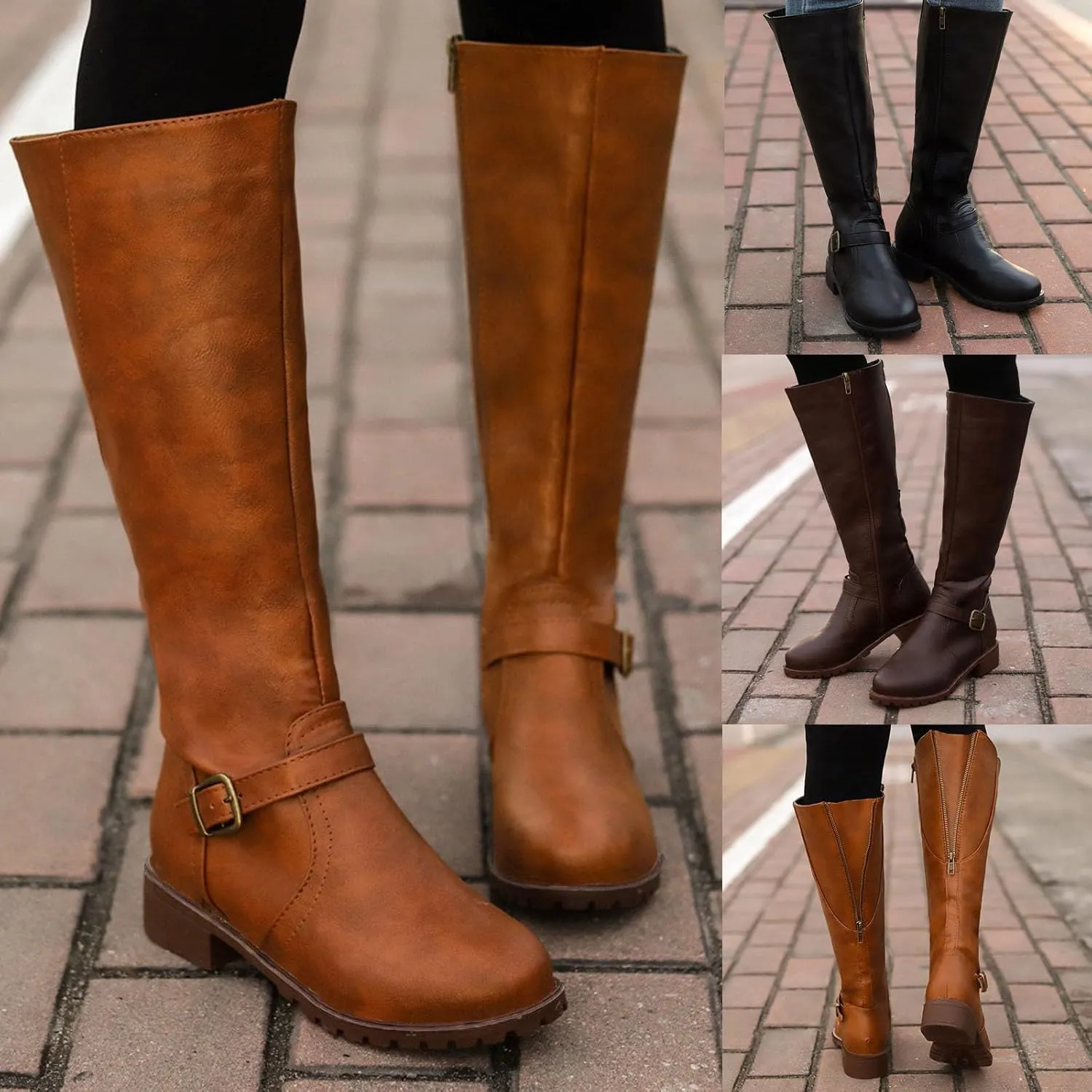 Women's Knee High Boots Riding Boots for Women Wide Calf Tall Boots Low Stacked Heel Boots Wide Width Winter Boots Metal Buckle Long Boots Faux Leather Fashion Knight Boot with Side Zipper