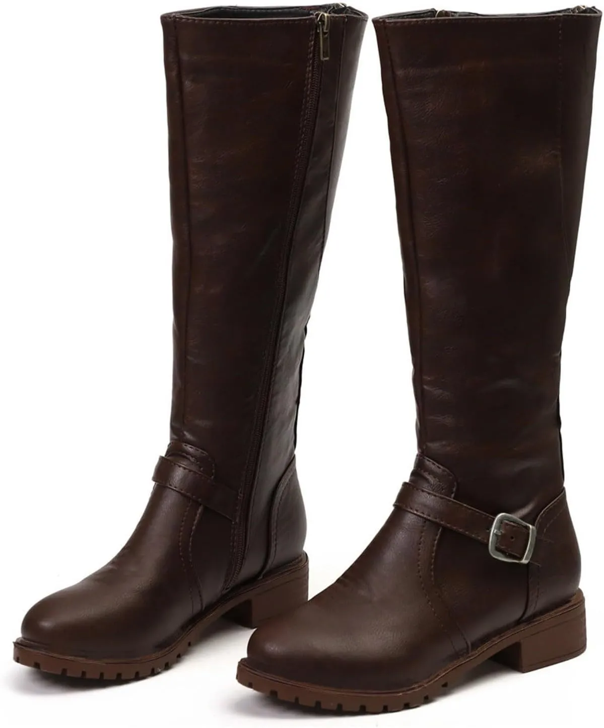 Women's Knee High Boots Riding Boots for Women Wide Calf Tall Boots Low Stacked Heel Boots Wide Width Winter Boots Metal Buckle Long Boots Faux Leather Fashion Knight Boot with Side Zipper