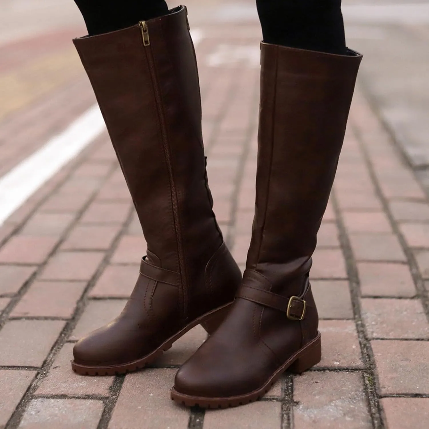 Women's Knee High Boots Riding Boots for Women Wide Calf Tall Boots Low Stacked Heel Boots Wide Width Winter Boots Metal Buckle Long Boots Faux Leather Fashion Knight Boot with Side Zipper