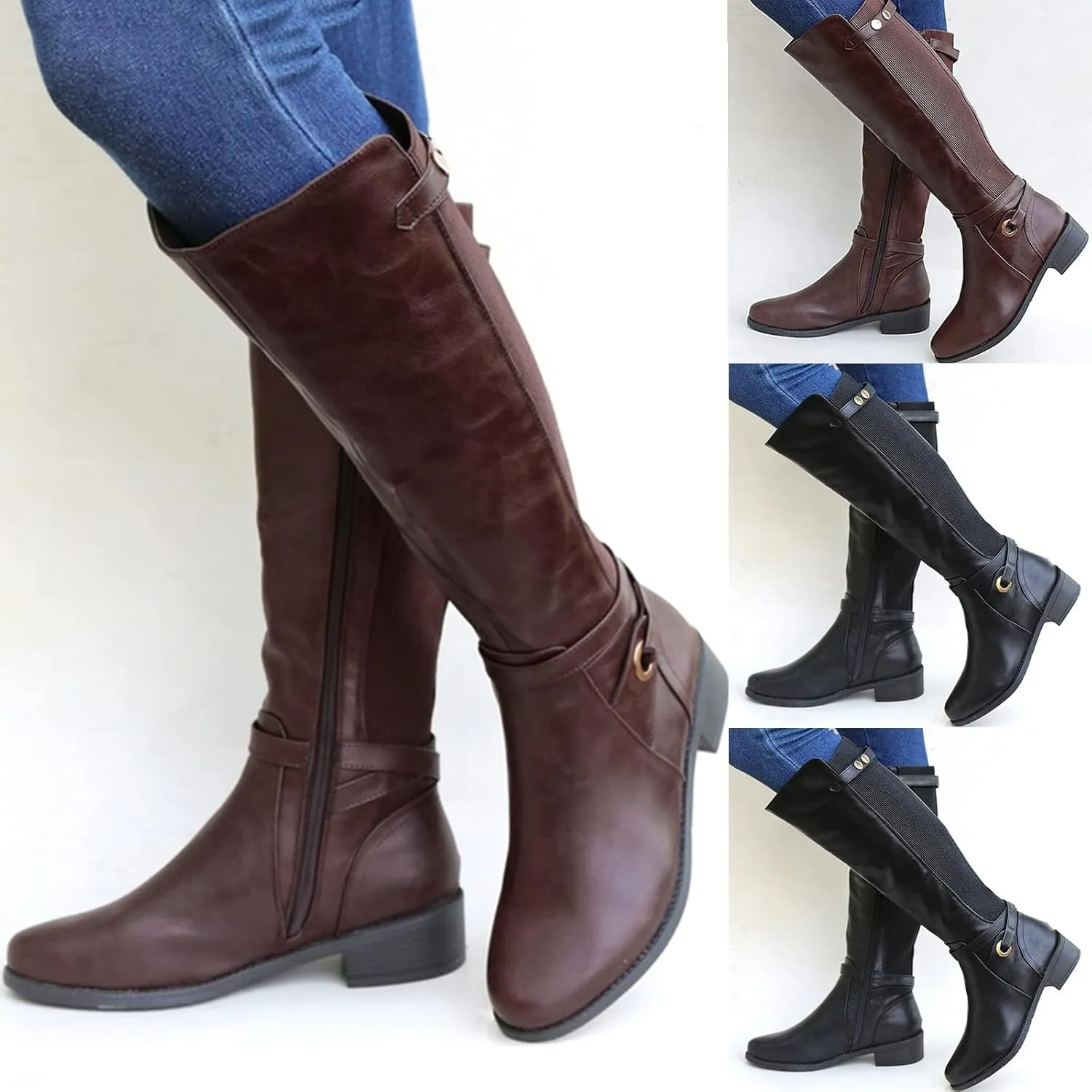 Women's Knee High Boots Riding Boots for Women Wide Calf Tall Boots Low Stacked Heel Boots Wide Width Winter Boots Metal Buckle Long Boots Faux Leather Fashion Knight Boot with Side Zipper