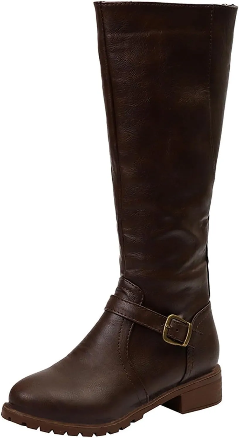 Women's Knee High Boots Riding Boots for Women Wide Calf Tall Boots Low Stacked Heel Boots Wide Width Winter Boots Metal Buckle Long Boots Faux Leather Fashion Knight Boot with Side Zipper