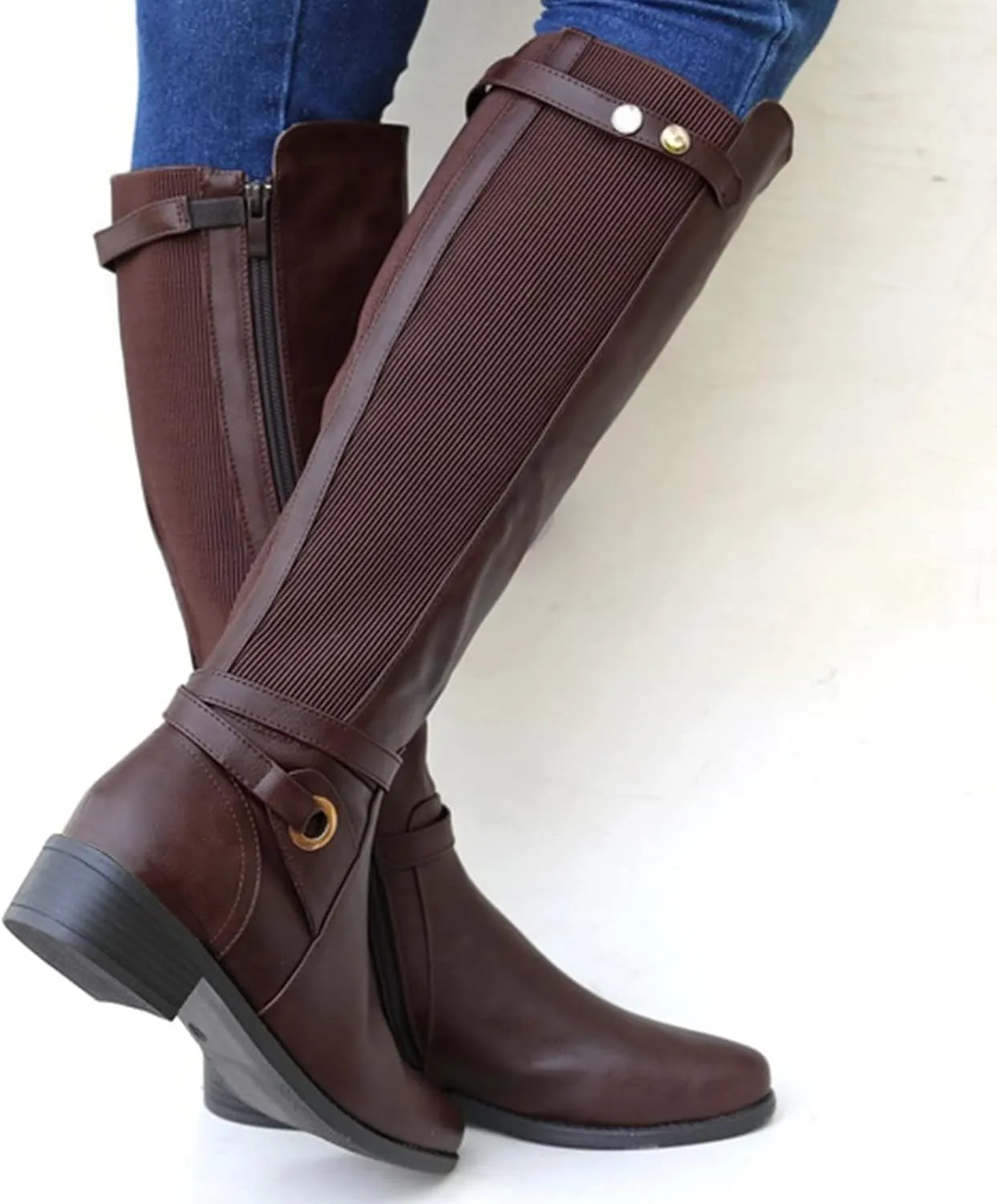Women's Knee High Boots Riding Boots for Women Wide Calf Tall Boots Low Stacked Heel Boots Wide Width Winter Boots Metal Buckle Long Boots Faux Leather Fashion Knight Boot with Side Zipper