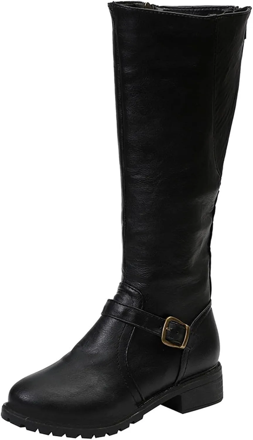 Women's Knee High Boots Riding Boots for Women Wide Calf Tall Boots Low Stacked Heel Boots Wide Width Winter Boots Metal Buckle Long Boots Faux Leather Fashion Knight Boot with Side Zipper