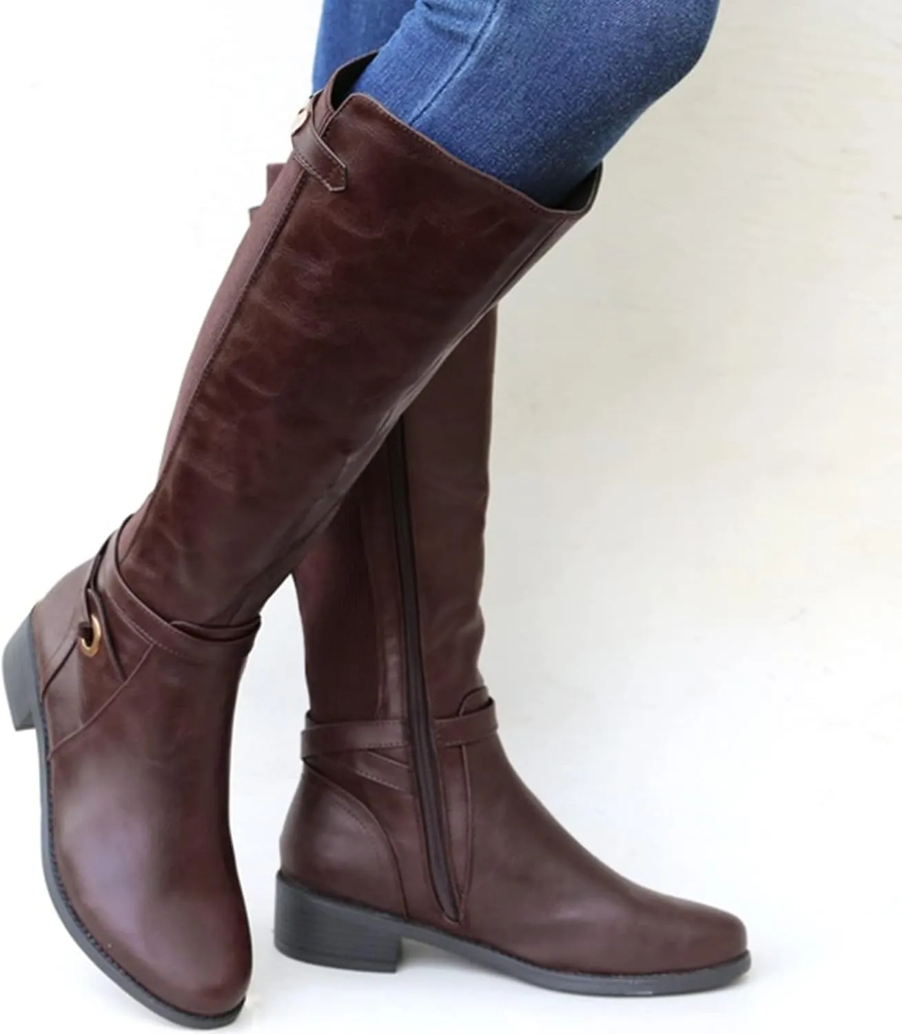 Women's Knee High Boots Riding Boots for Women Wide Calf Tall Boots Low Stacked Heel Boots Wide Width Winter Boots Metal Buckle Long Boots Faux Leather Fashion Knight Boot with Side Zipper