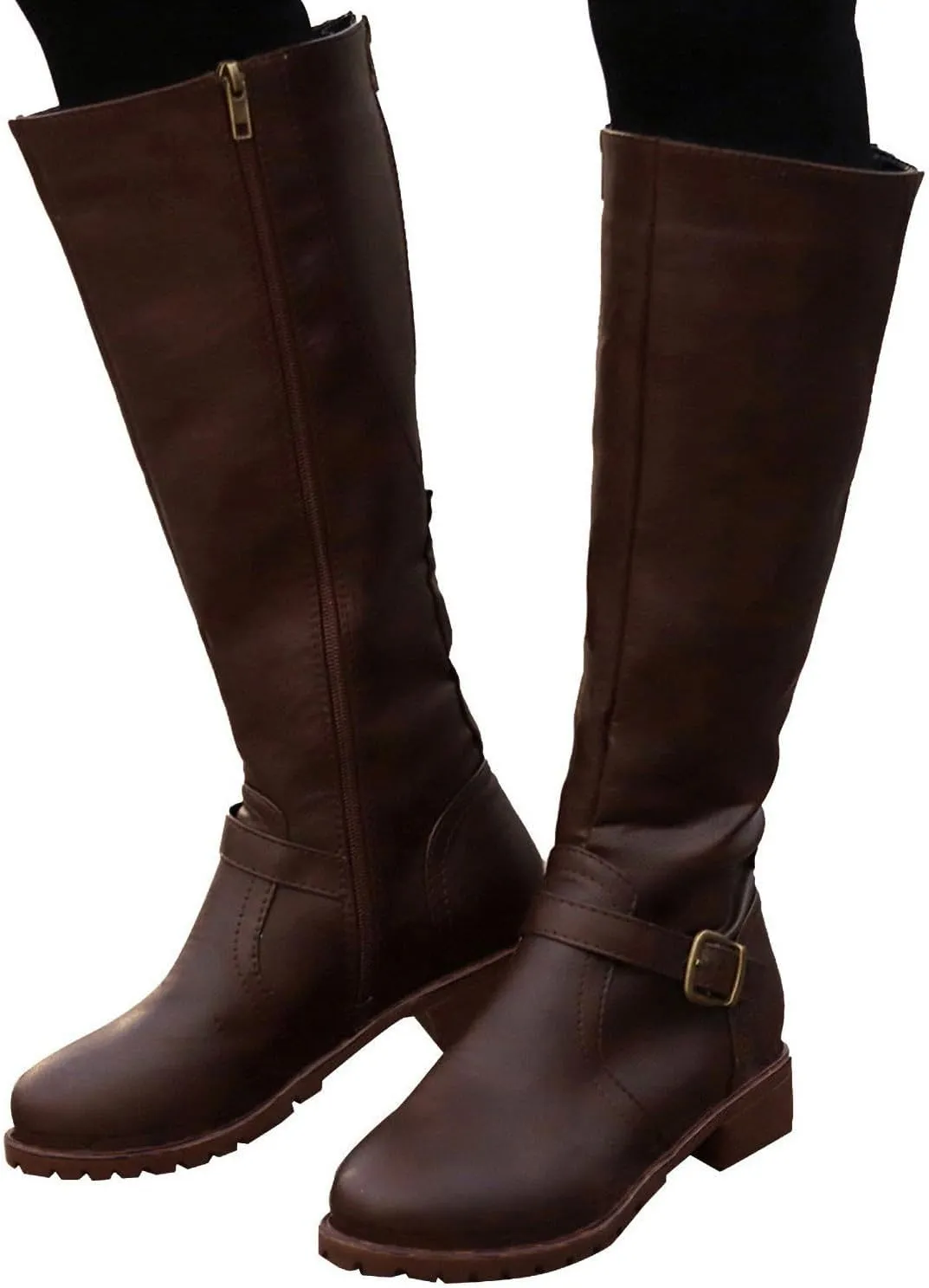 Women's Knee High Boots Riding Boots for Women Wide Calf Tall Boots Low Stacked Heel Boots Wide Width Winter Boots Metal Buckle Long Boots Faux Leather Fashion Knight Boot with Side Zipper
