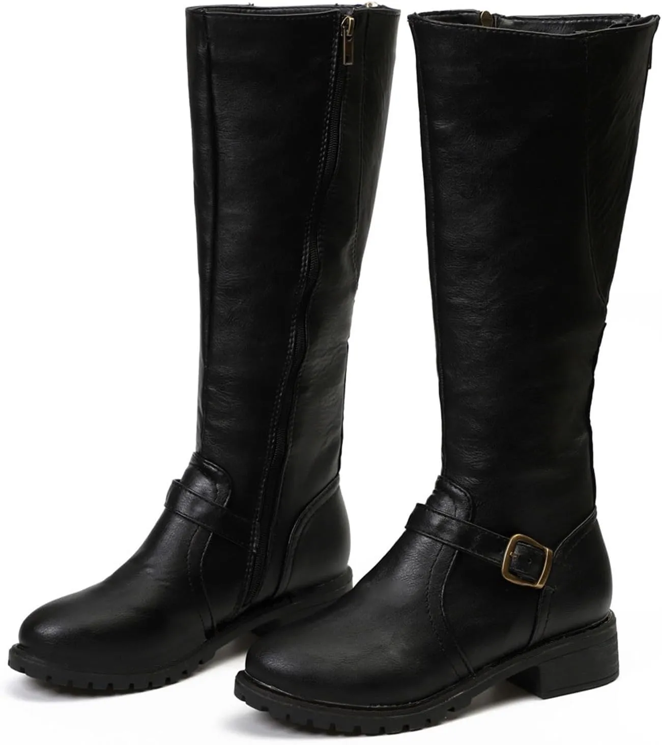 Women's Knee High Boots Riding Boots for Women Wide Calf Tall Boots Low Stacked Heel Boots Wide Width Winter Boots Metal Buckle Long Boots Faux Leather Fashion Knight Boot with Side Zipper