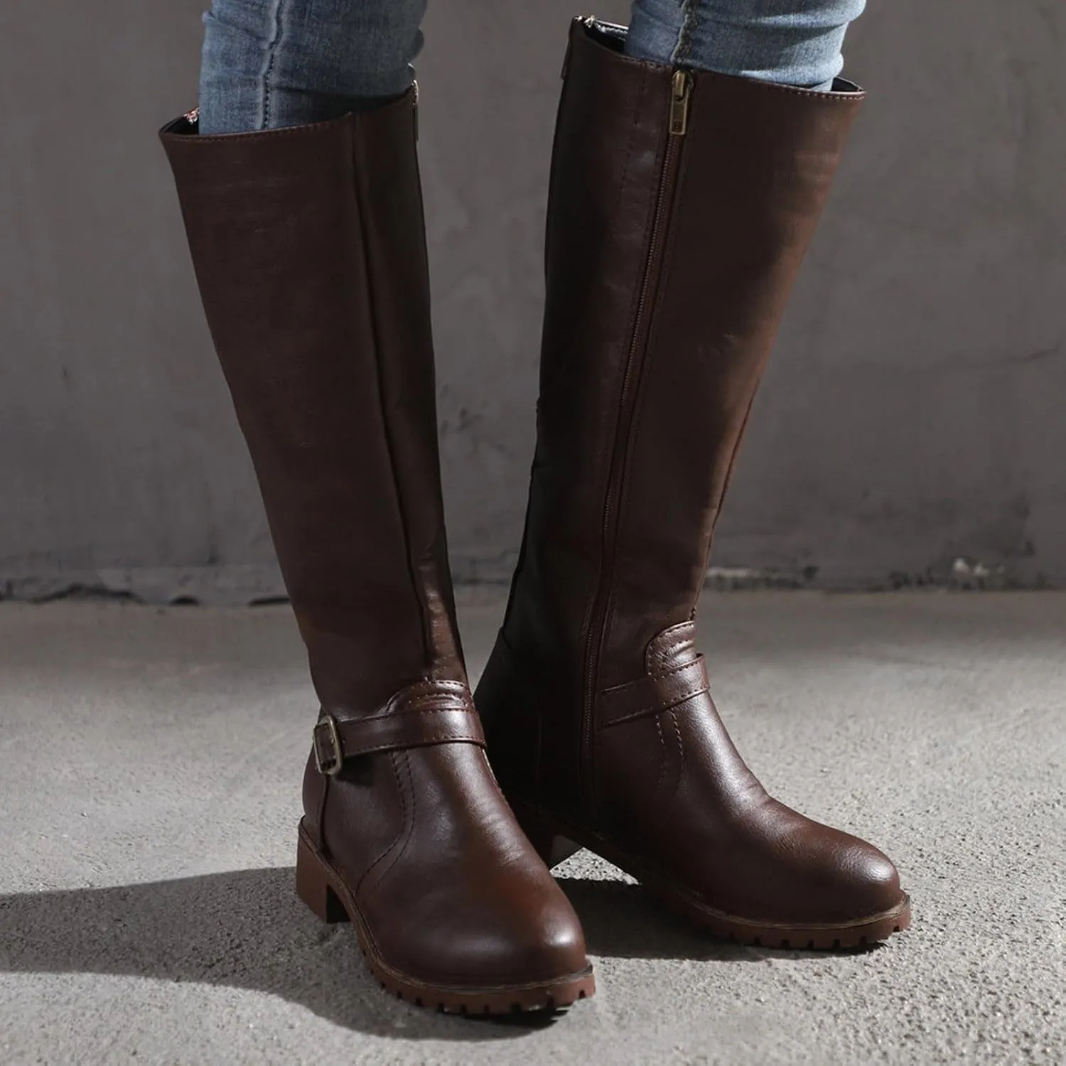 Women's Knee High Boots Riding Boots for Women Wide Calf Tall Boots Low Stacked Heel Boots Wide Width Winter Boots Metal Buckle Long Boots Faux Leather Fashion Knight Boot with Side Zipper
