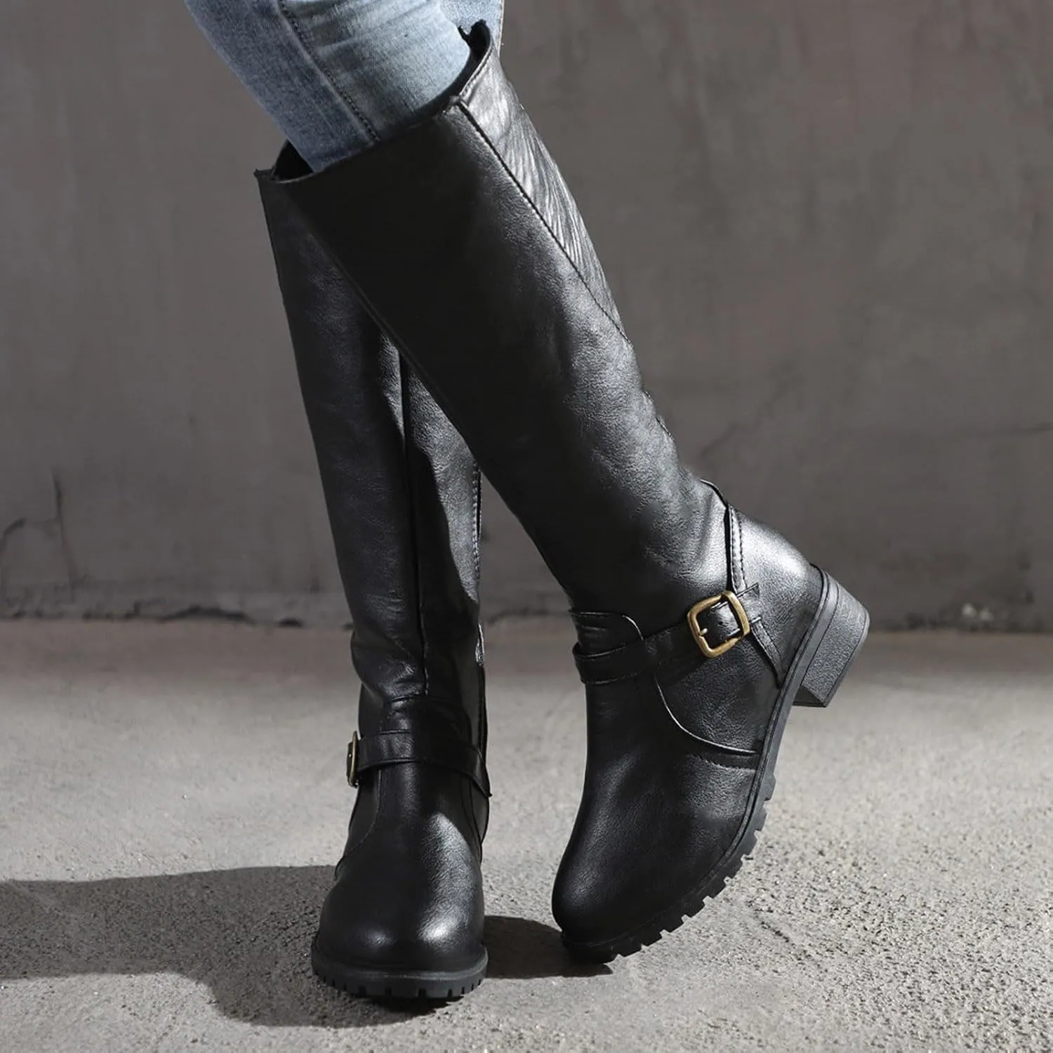Women's Knee High Boots Riding Boots for Women Wide Calf Tall Boots Low Stacked Heel Boots Wide Width Winter Boots Metal Buckle Long Boots Faux Leather Fashion Knight Boot with Side Zipper